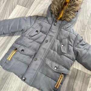 Stylish Gray Kids Puffer Jacket with Faux Fur Hood